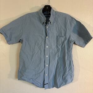 Nautica Sanded Poplin Blue White Gingham Button‎ Up Short Sleeve